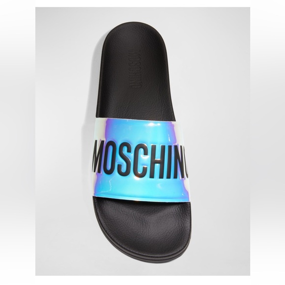 Moschino Men’s Oil-Slick Logo Rubber Pool Slides - Picture 1 of 5